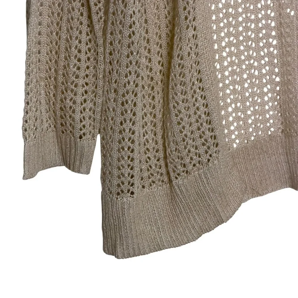 80 Park Cardigan Sweater Open Knit Open Front Beige Metallic Gold XL
